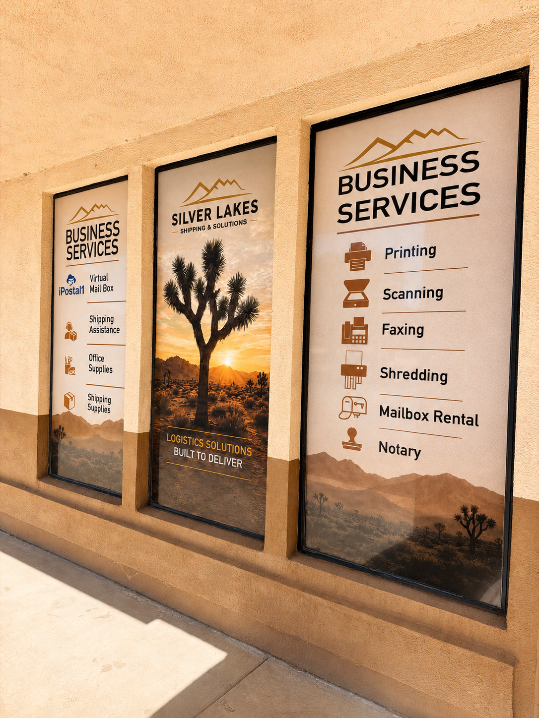 Silver Lakes Shipping & Solutions business services window signage in Helendale, CA
